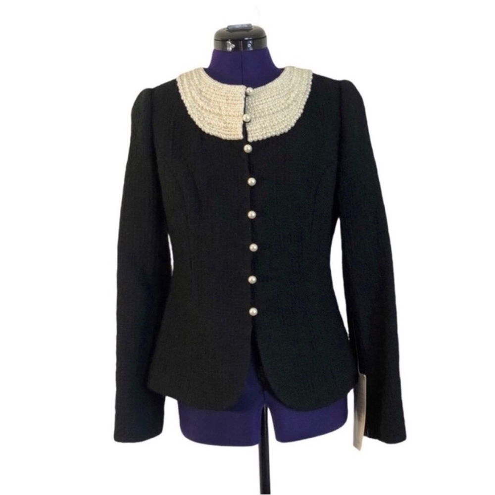 Sutton Studio Black Wool White Beaded Pearl Collar Jacket